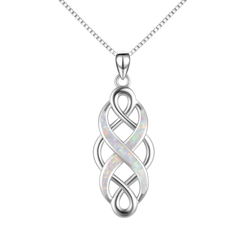 YFN Irish Celtic Knot Created Opal Pendant Necklace Infinity Love Sterling Silver CZ Jewelry 18" (White Opal Celtic Knot Necklace) - Image 1